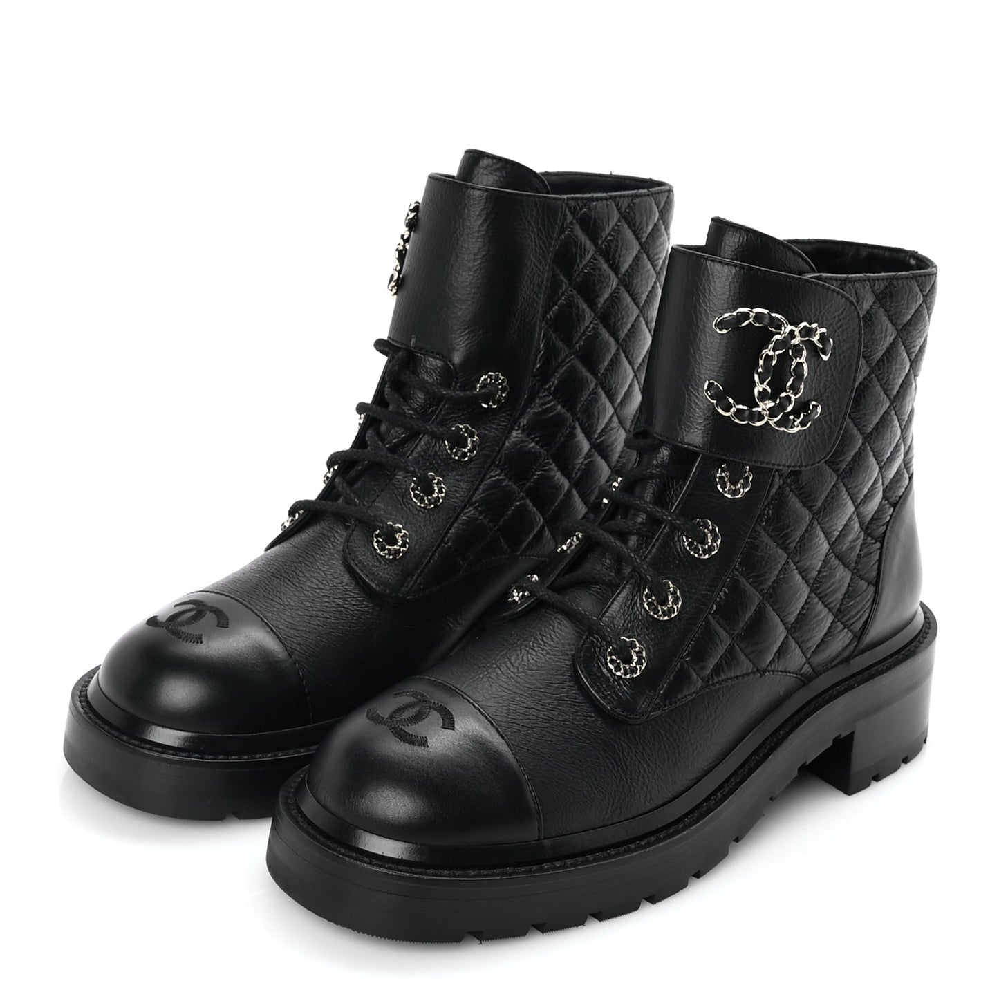 Chanel Shiny Goatskin Calfskin Quilted Lace Up Combat Boots 40 Black