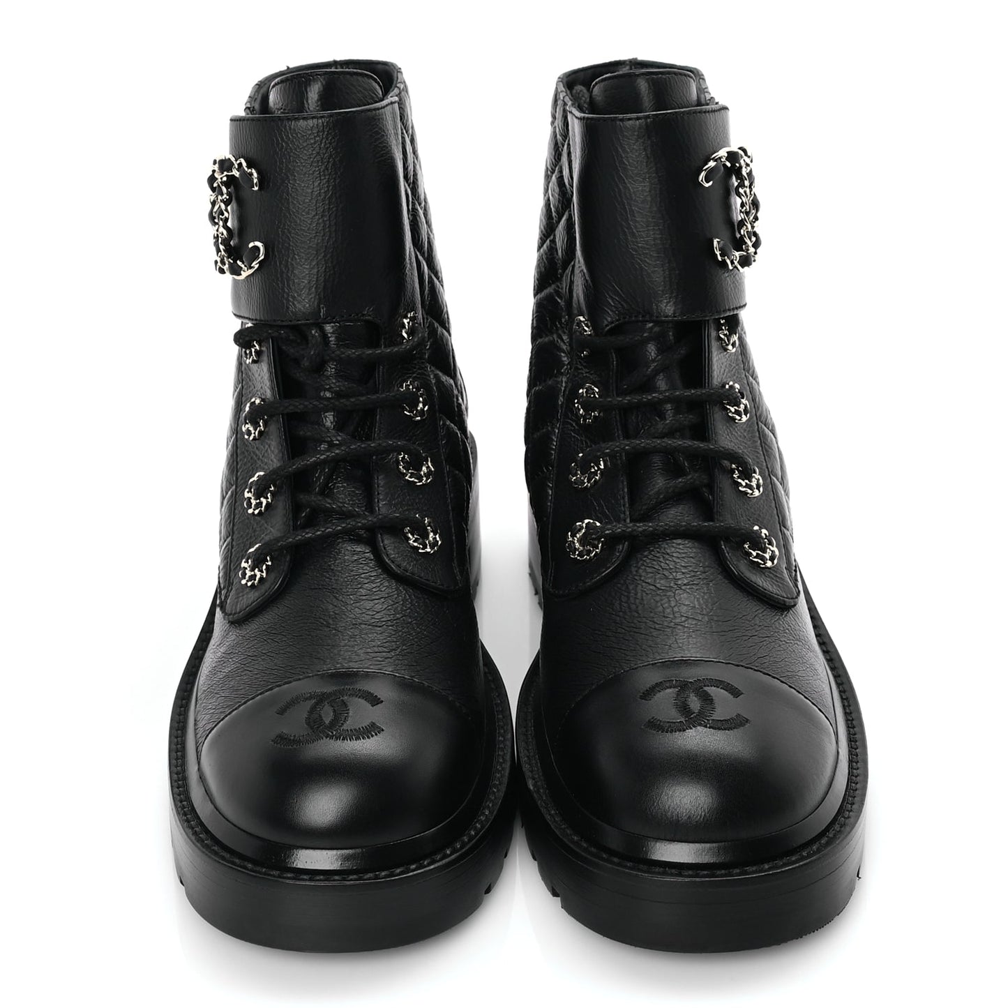 Chanel Shiny Goatskin Calfskin Quilted Lace Up Combat Boots 40 Black