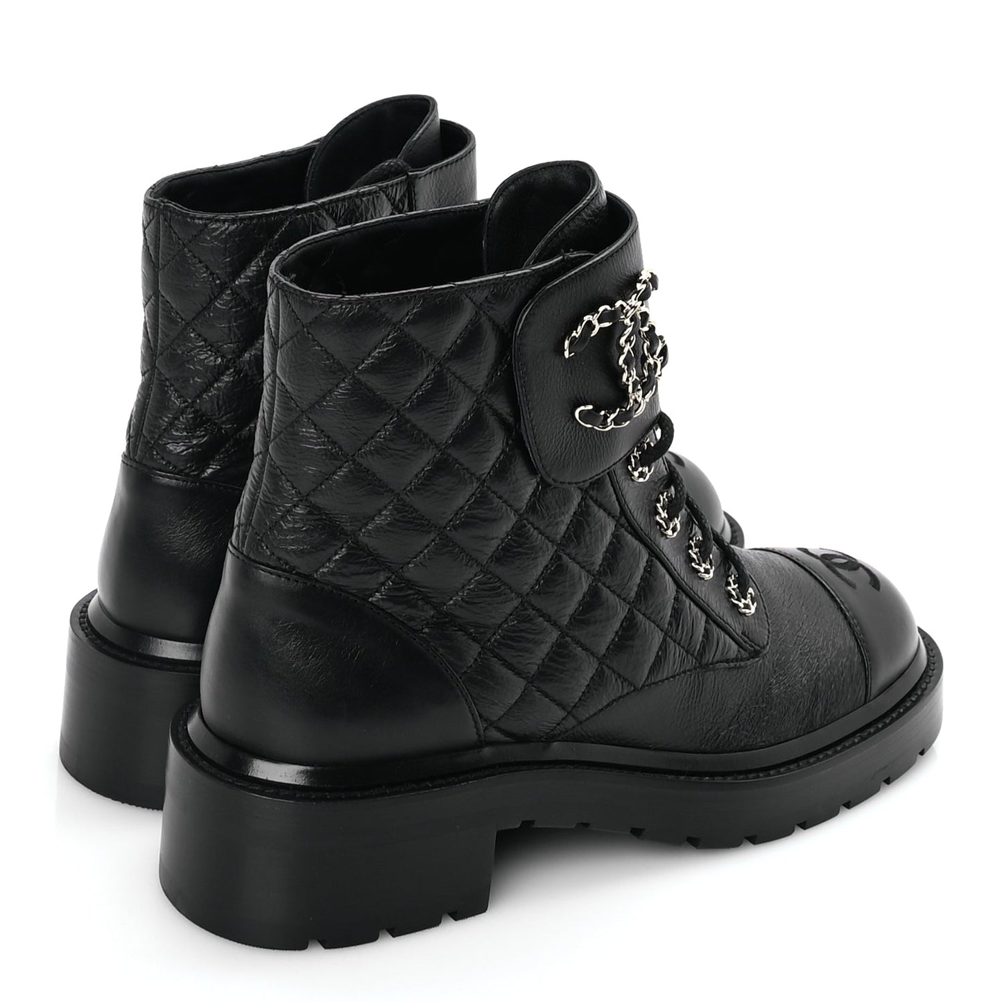 Chanel Shiny Goatskin Calfskin Quilted Lace Up Combat Boots 40 Black