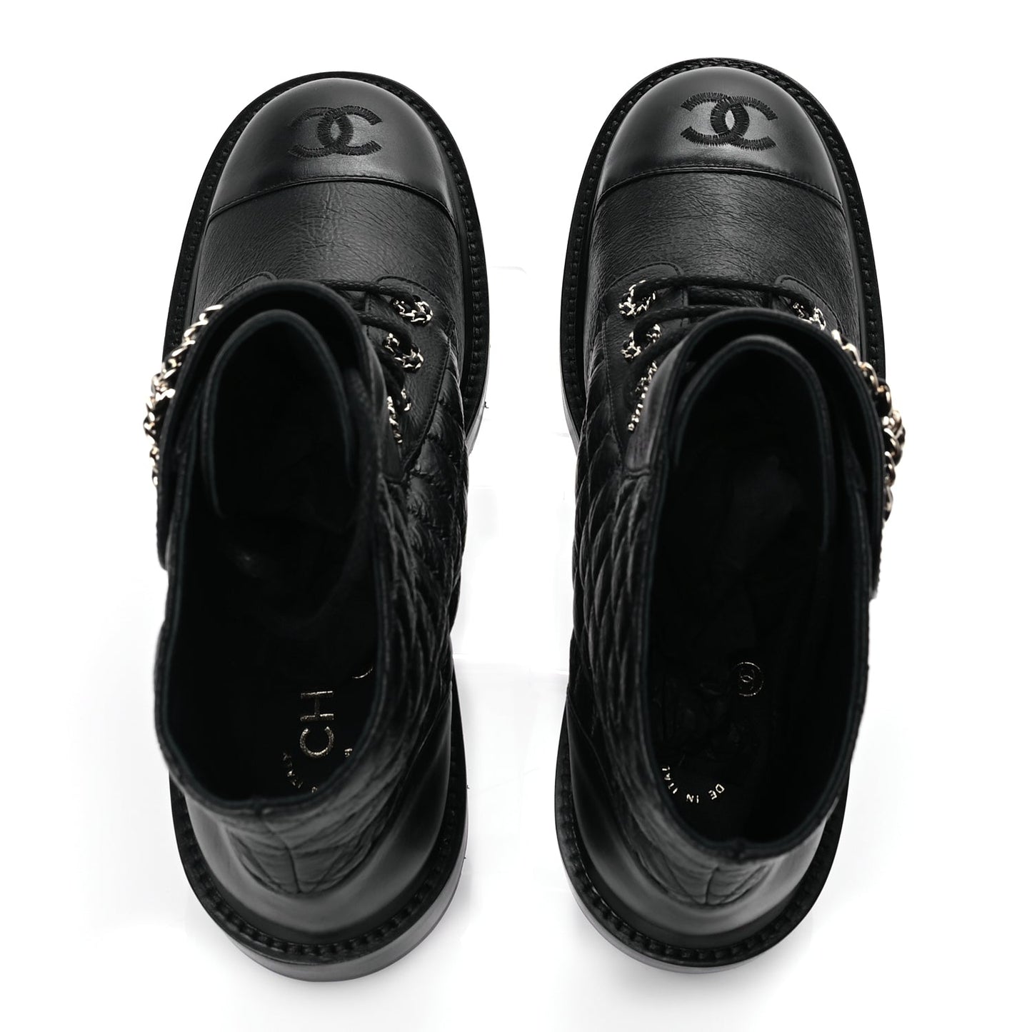 Chanel Shiny Goatskin Calfskin Quilted Lace Up Combat Boots 40 Black