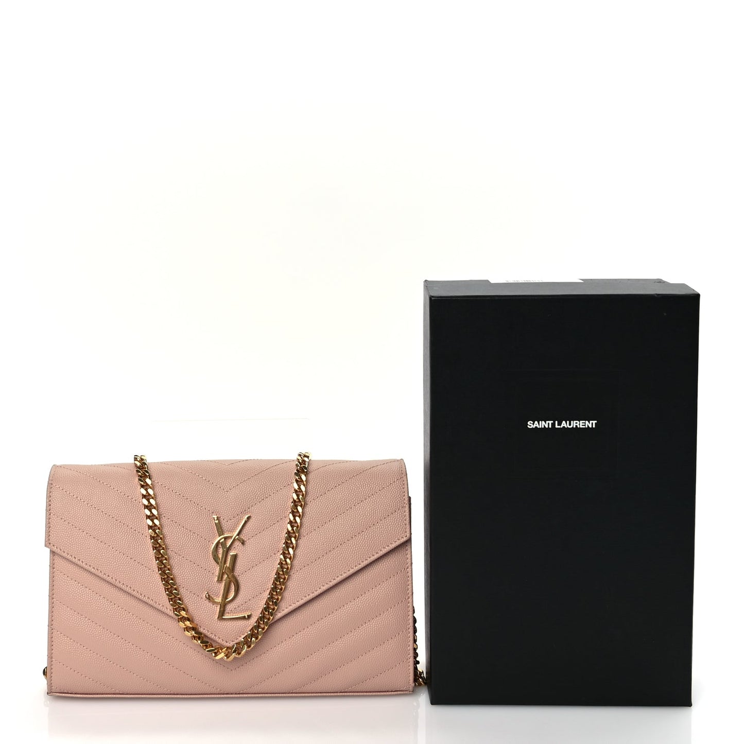Saint Laurent Grain De Poudre Matelasse Chevron Monogram Chain Wallet Pale Blush