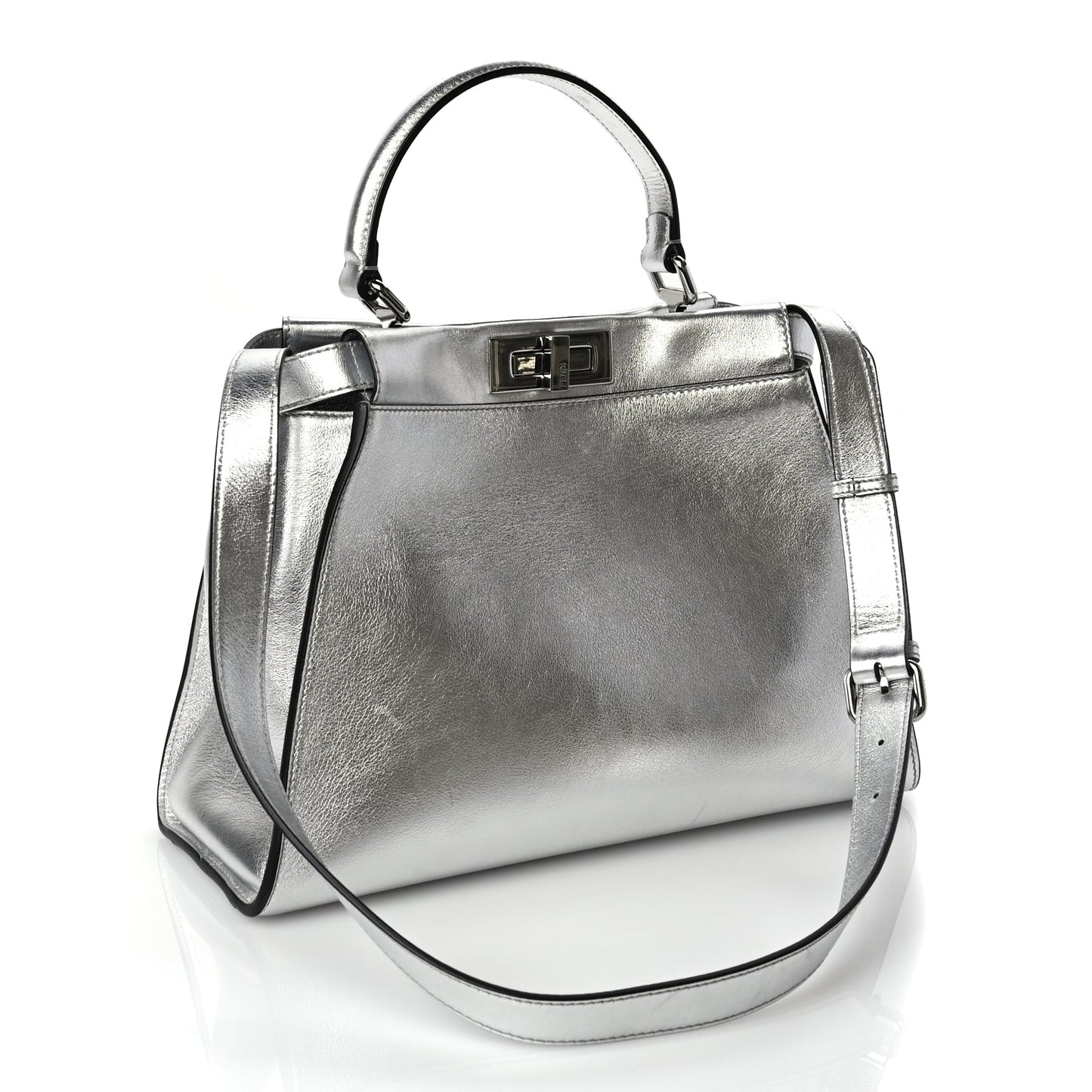 Fendi Vitello Catalan Mirror Medium Peekaboo Iconic Satchel Argento