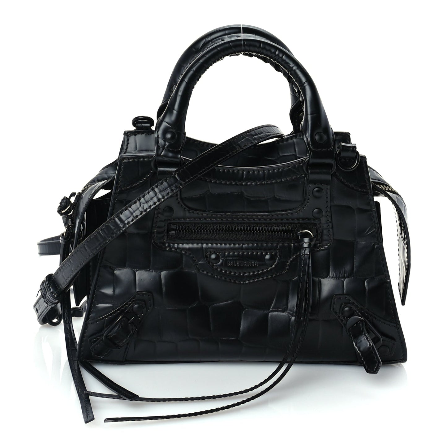 Balenciaga Semi Shiny Calfskin Crocodile Embossed Neo Classic Black Hardware Mini City Black