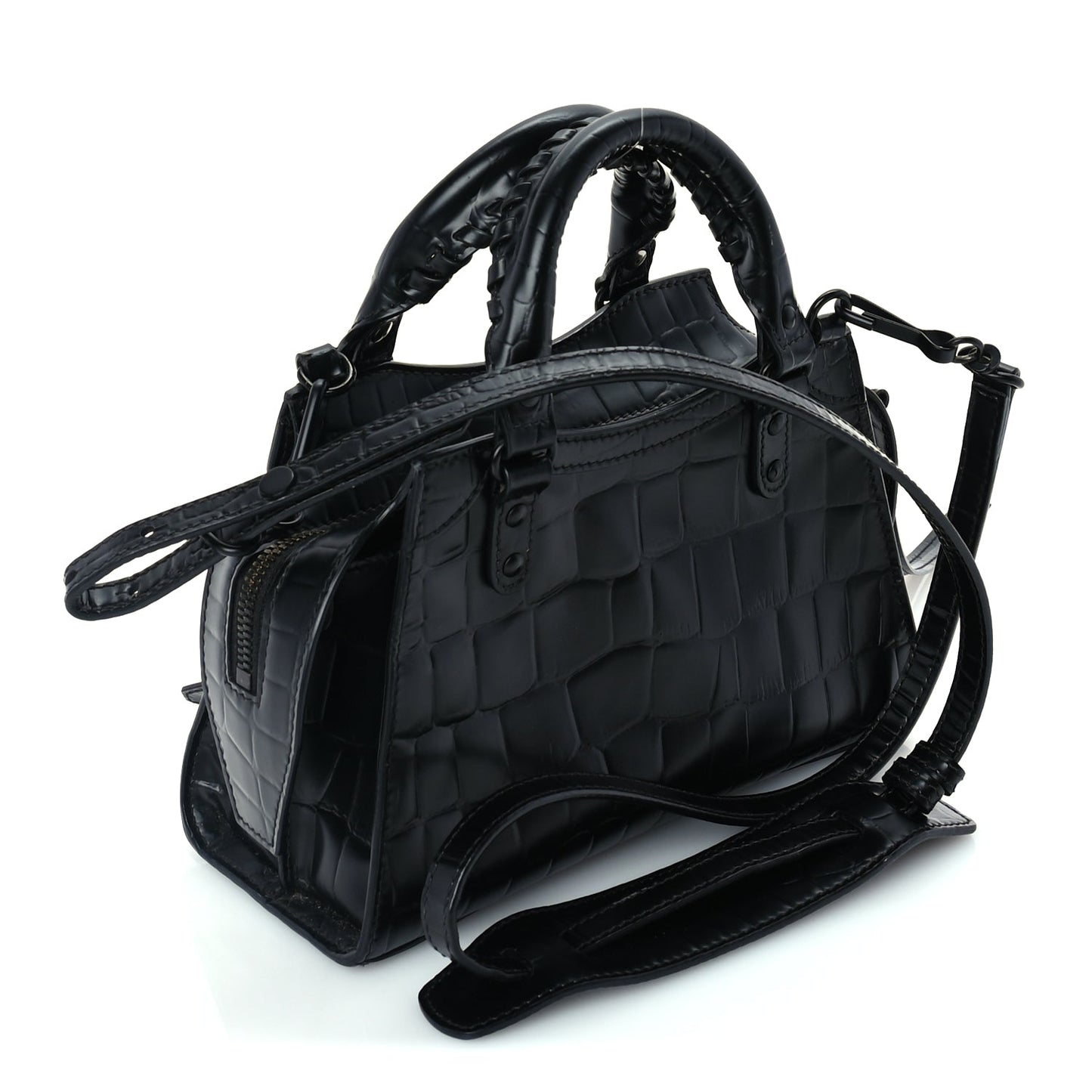 Balenciaga Semi Shiny Calfskin Crocodile Embossed Neo Classic Black Hardware Mini City Black