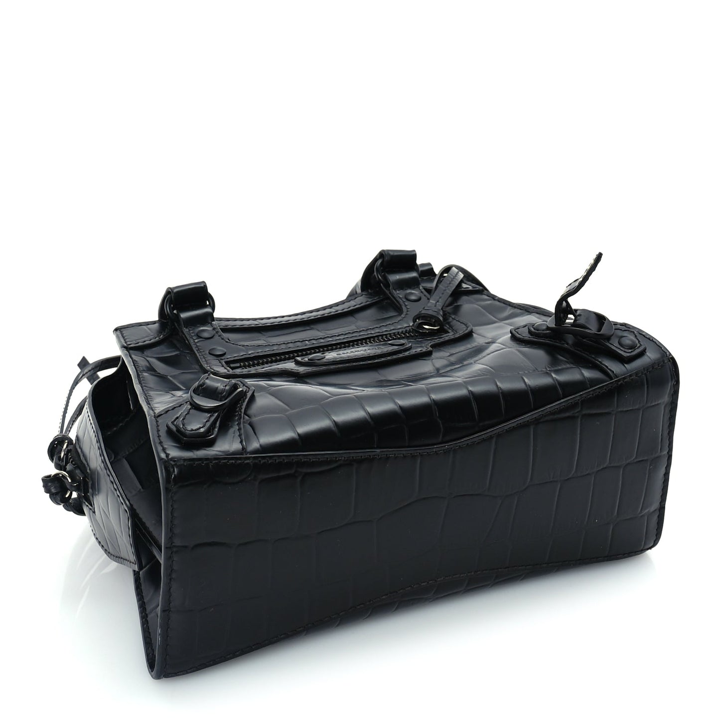 Balenciaga Semi Shiny Calfskin Crocodile Embossed Neo Classic Black Hardware Mini City Black