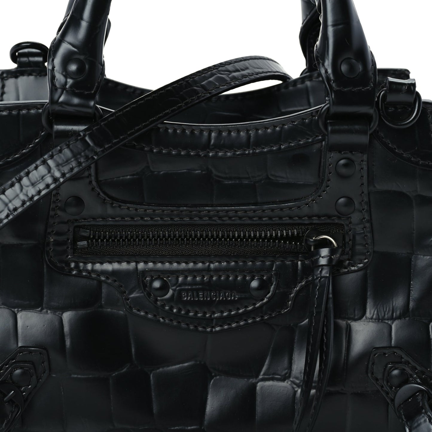 Balenciaga Semi Shiny Calfskin Crocodile Embossed Neo Classic Black Hardware Mini City Black