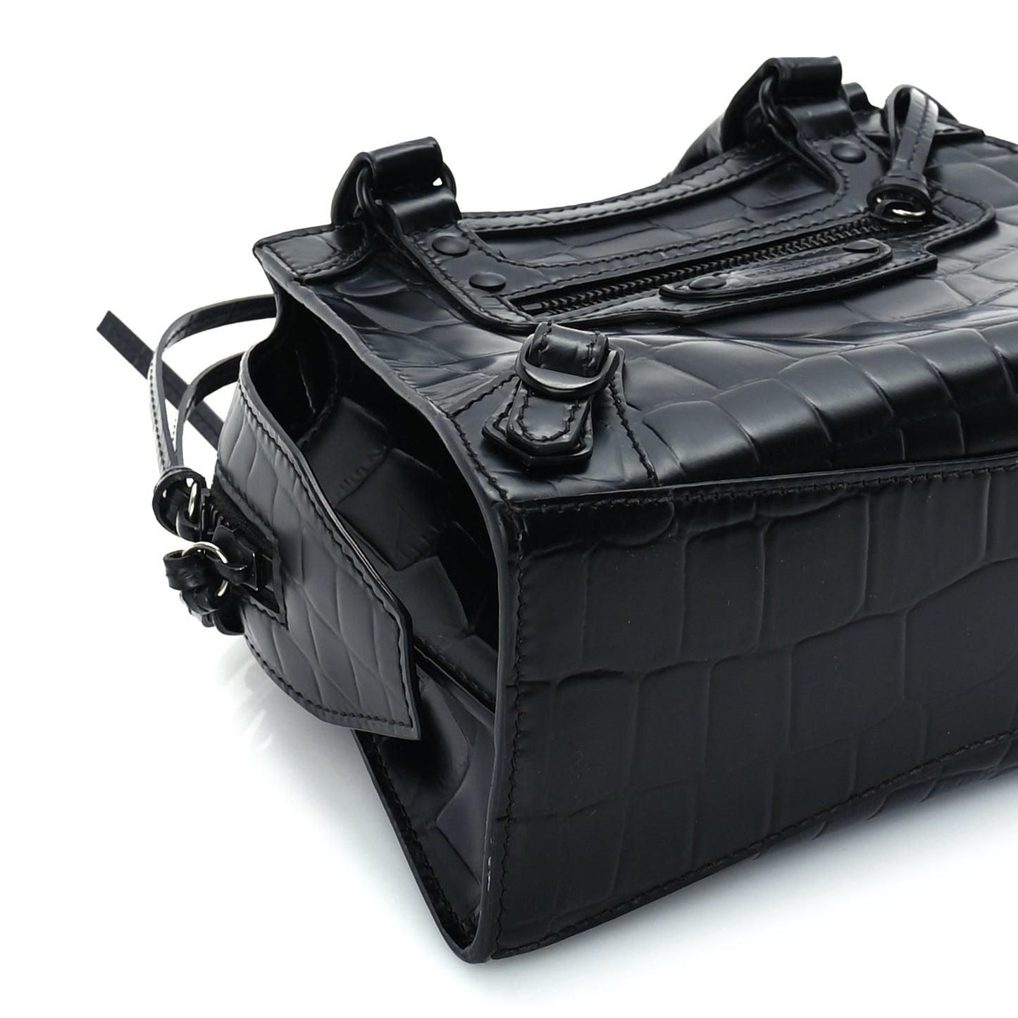 Balenciaga Semi Shiny Calfskin Crocodile Embossed Neo Classic Black Hardware Mini City Black