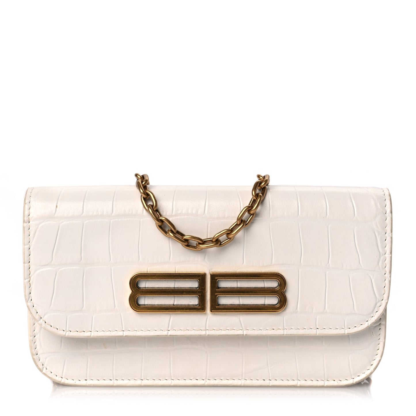 Balenciaga Extra Supple Calfskin Crocodile Embossed Gossip Wallet On Chain Optic White