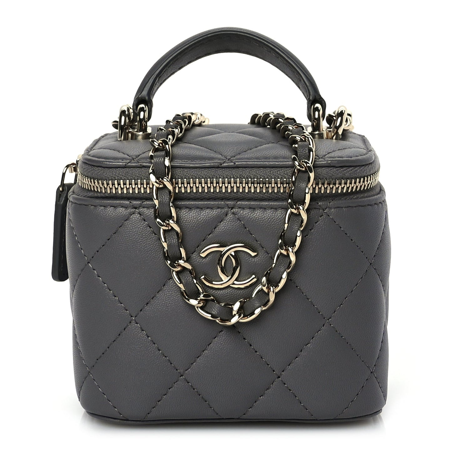 Chanel Lambskin Quilted Top Handle Mini Vanity Case With Chain Grey