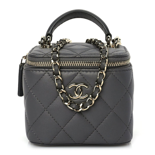Chanel Lambskin Quilted Top Handle Mini Vanity Case With Chain Grey