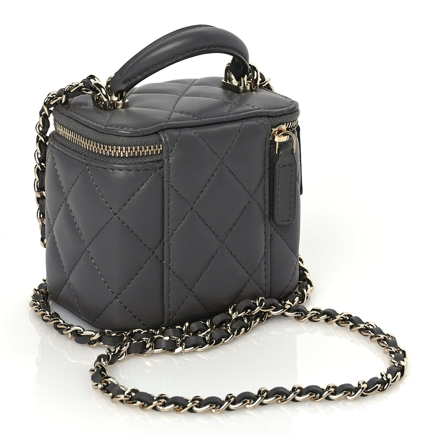 Chanel Lambskin Quilted Top Handle Mini Vanity Case With Chain Grey