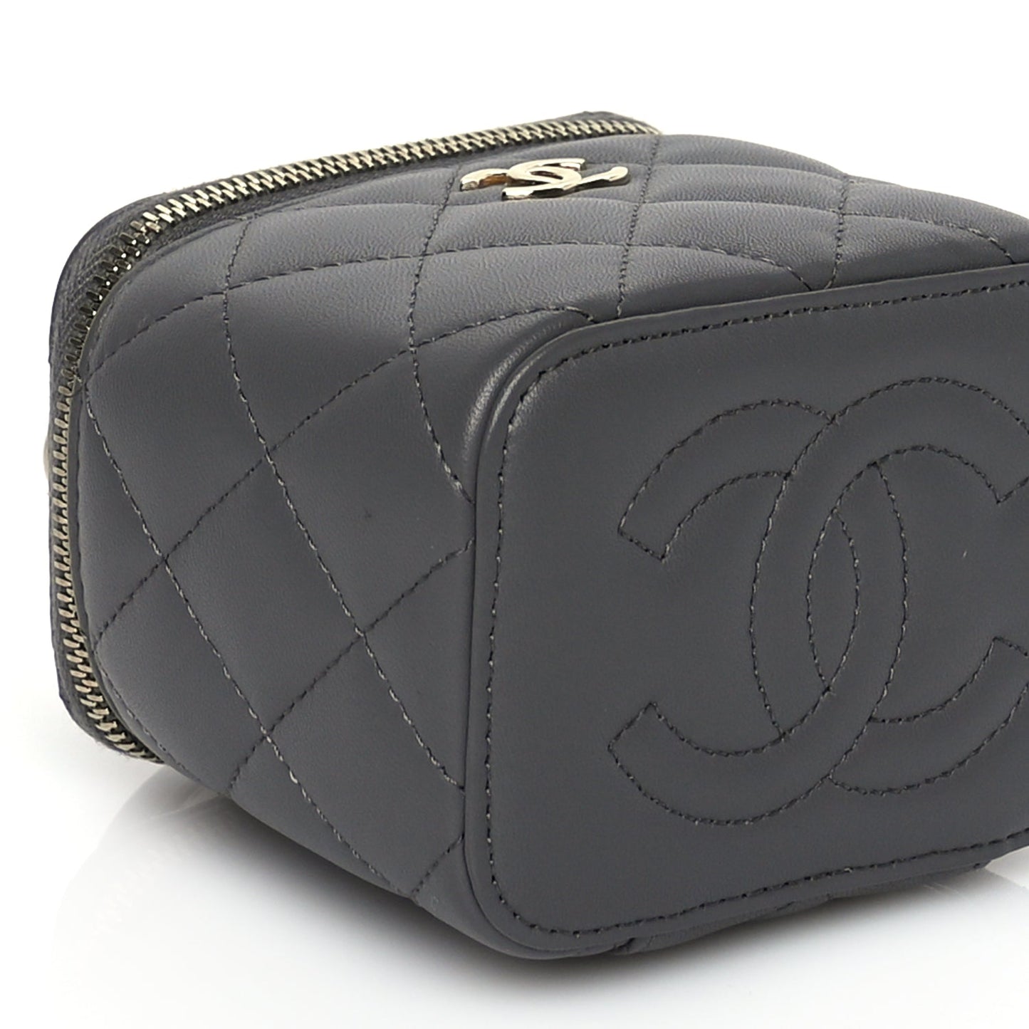 Chanel Lambskin Quilted Top Handle Mini Vanity Case With Chain Grey