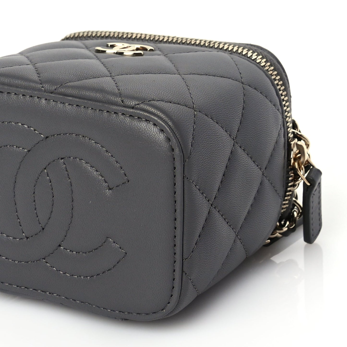 Chanel Lambskin Quilted Top Handle Mini Vanity Case With Chain Grey