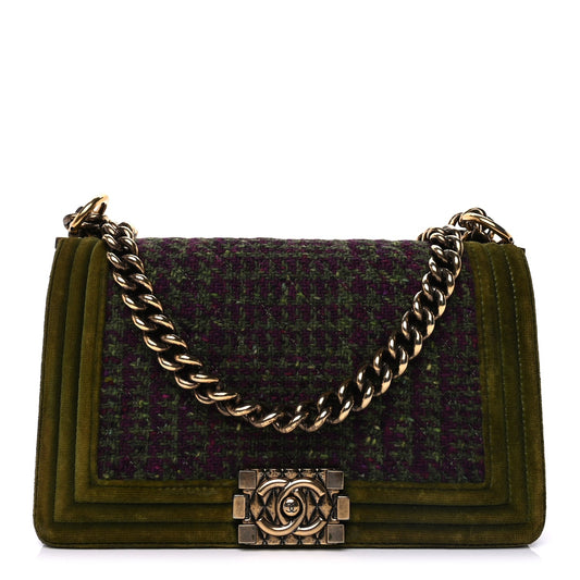 Chanel Velvet Tweed Medium Boy Flap Green
