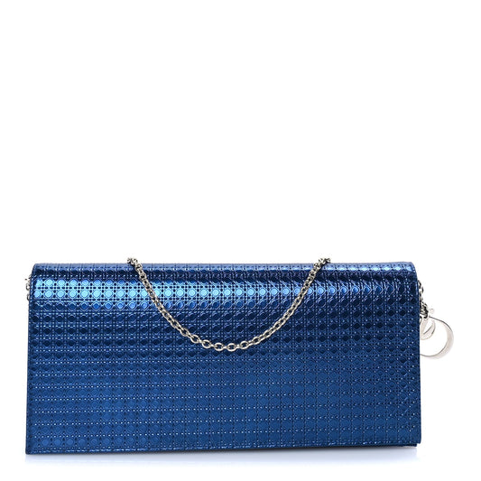 Christian Dior Metallic Patent Micro-Cannage Lady Dior Croisiere Chain Clutch  Blue
