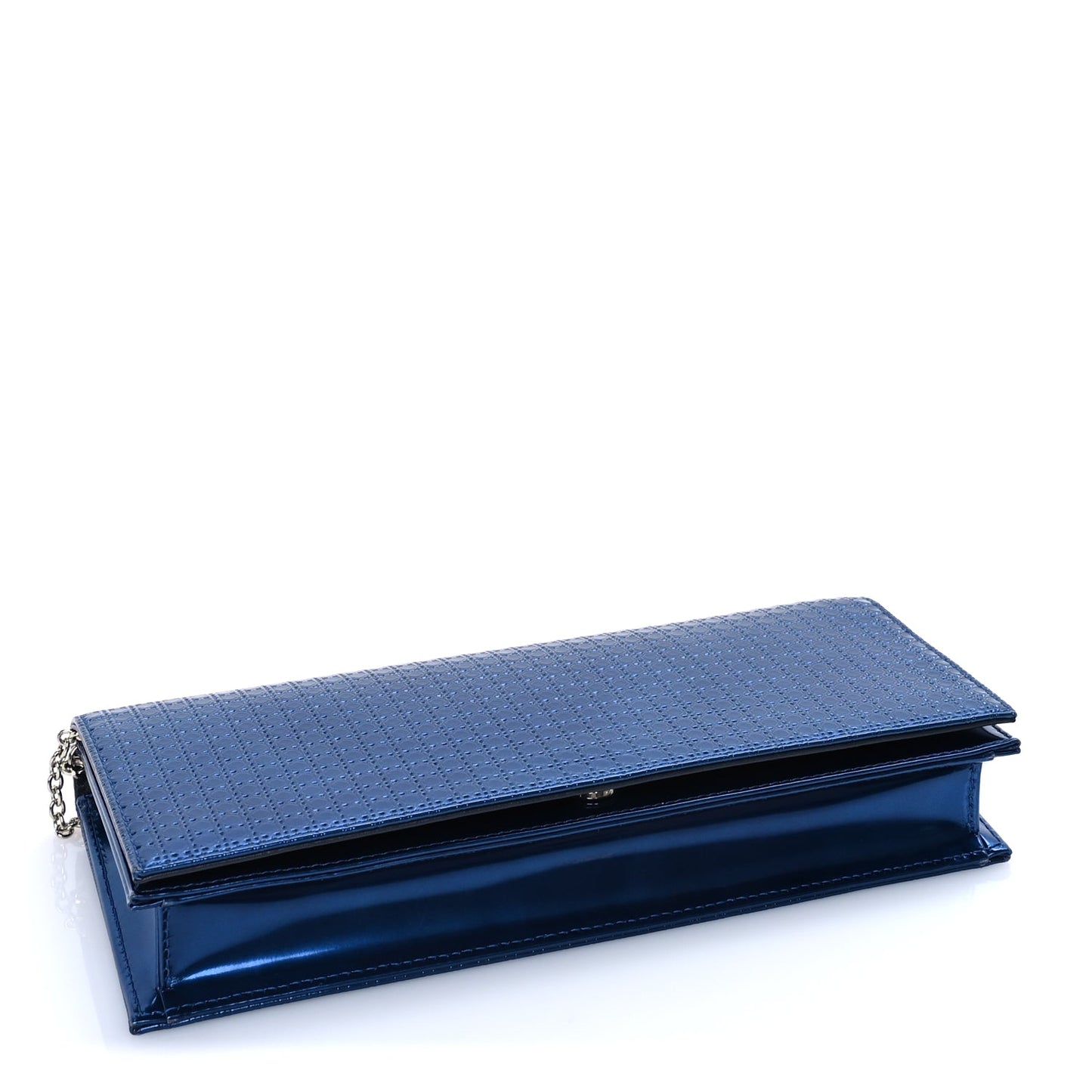Christian Dior Metallic Patent Micro-Cannage Lady Dior Croisiere Chain Clutch  Blue