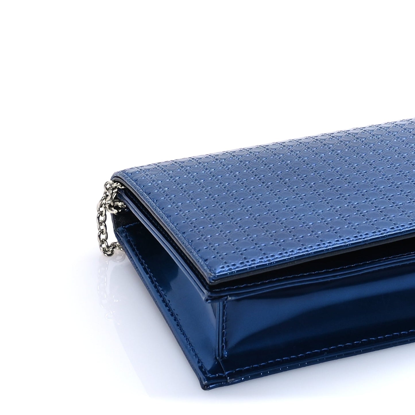 Christian Dior Metallic Patent Micro-Cannage Lady Dior Croisiere Chain Clutch  Blue
