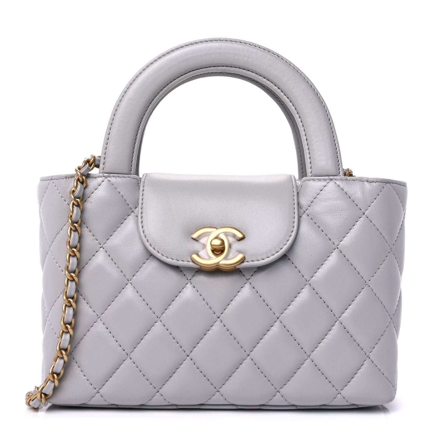 Chanel Shiny Aged Calfskin Quilted Nano Kelly Shopper  Light Grey