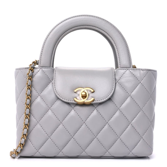 Chanel Shiny Aged Calfskin Quilted Nano Kelly Shopper  Light Grey
