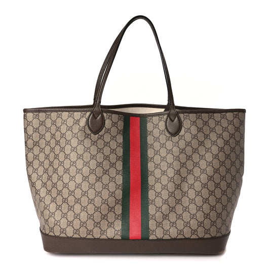Gucci GG Supreme Monogram Textured Dollar Calfskin Web Large Ophidia Tote Beige Ebony New Acero