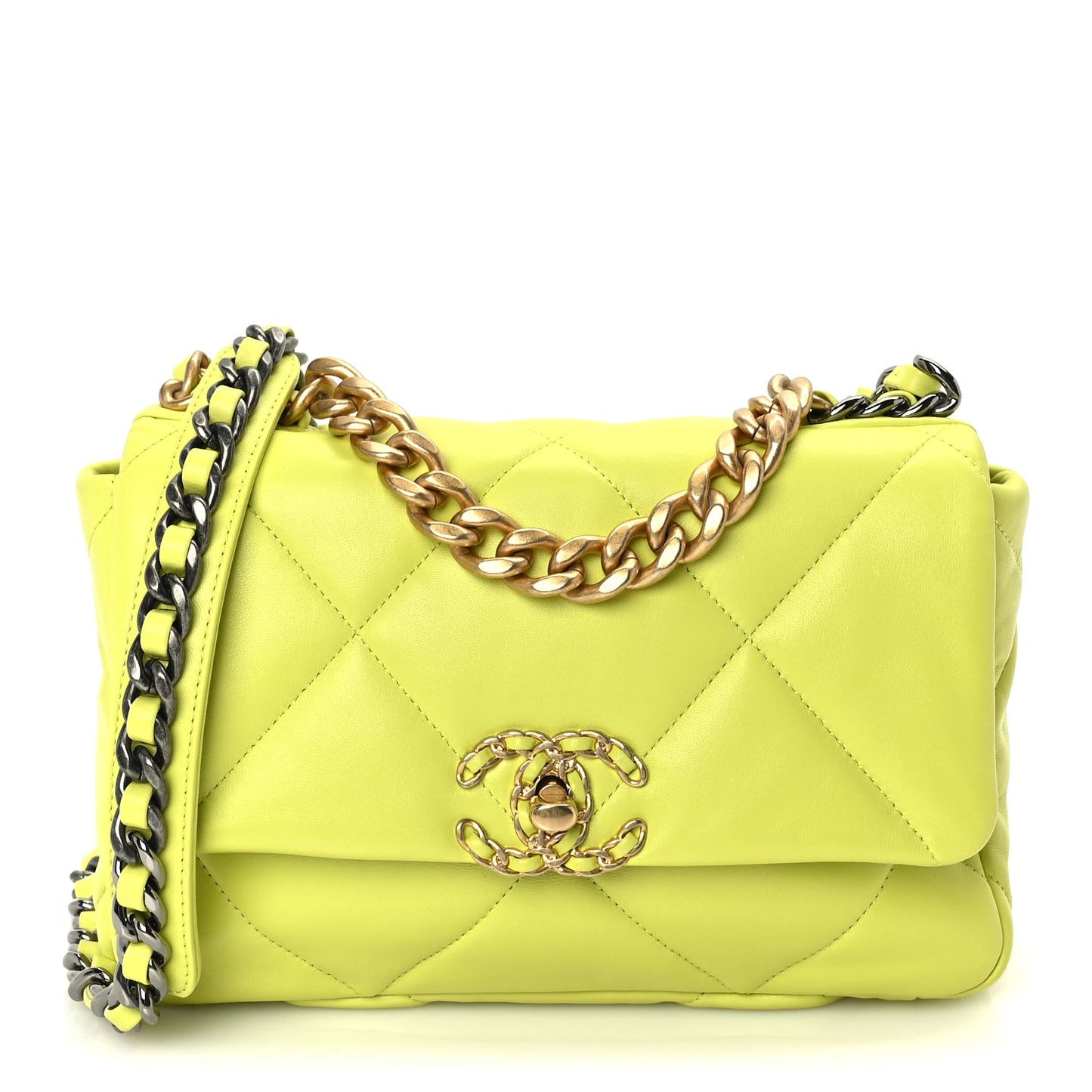 Chanel Shiny Lambskin Quilted Medium Chanel 19 Flap  Neon Yellow