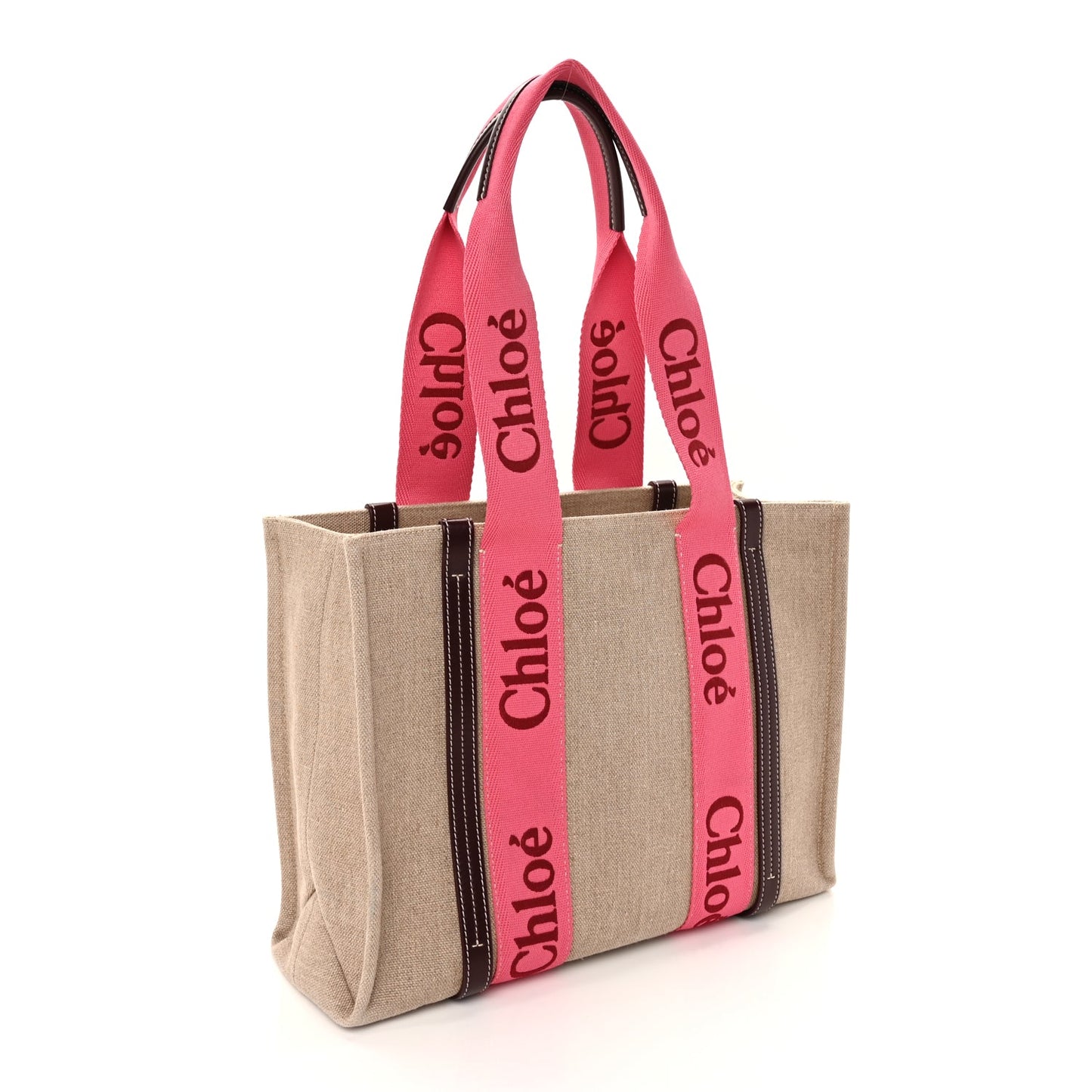 Chloe Linen Calfskin Medium Woody Ribbon Tote Pink