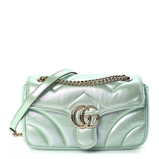Gucci Iridescent Nappa Chevron Matelasse Small GG Marmont Shoulder Bag Iridescent Salvy Green