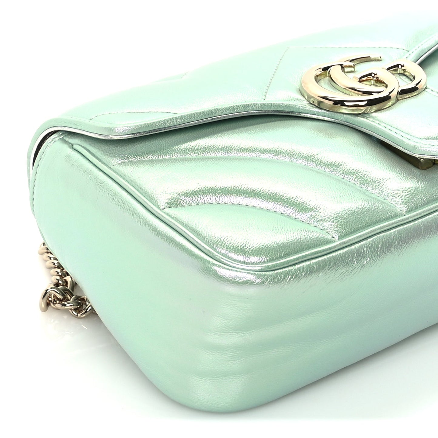 Gucci Iridescent Nappa Chevron Matelasse Small GG Marmont Shoulder Bag Iridescent Salvy Green