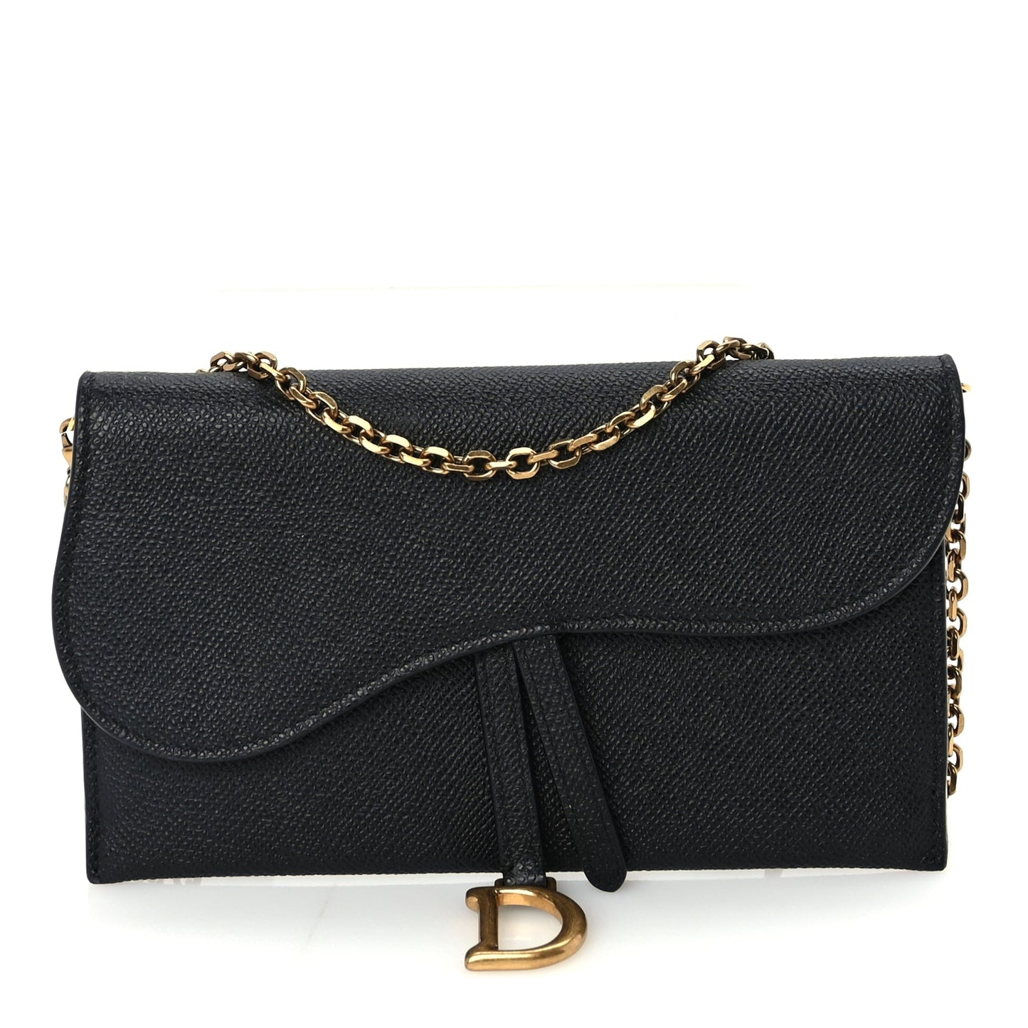 Christian Dior Grained Calfskin Saddle Chain Wallet Pouch  Black