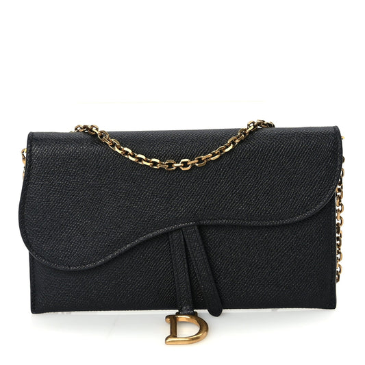 Christian Dior Grained Calfskin Saddle Chain Wallet Pouch  Black