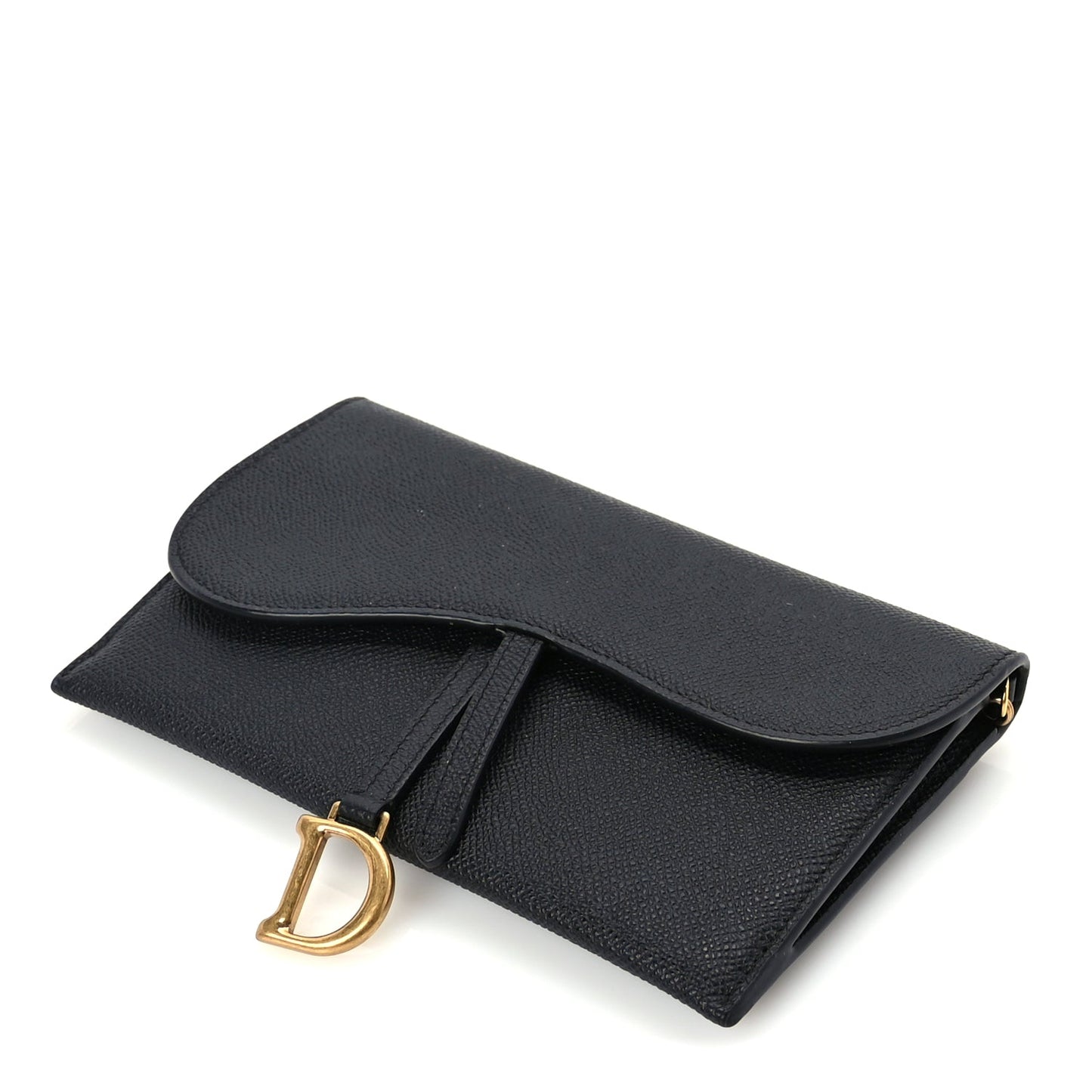 Christian Dior Grained Calfskin Saddle Chain Wallet Pouch  Black
