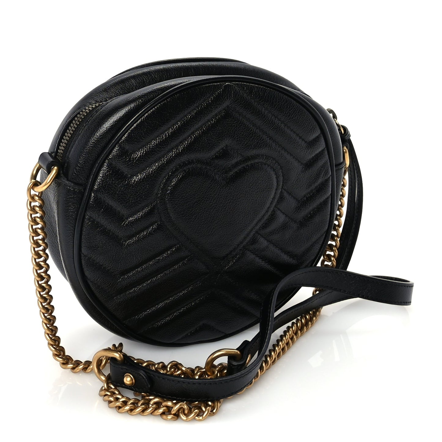Gucci Azalea Calfskin Matelasse Heart Mini GG Marmont Round Shoulder Bag Black