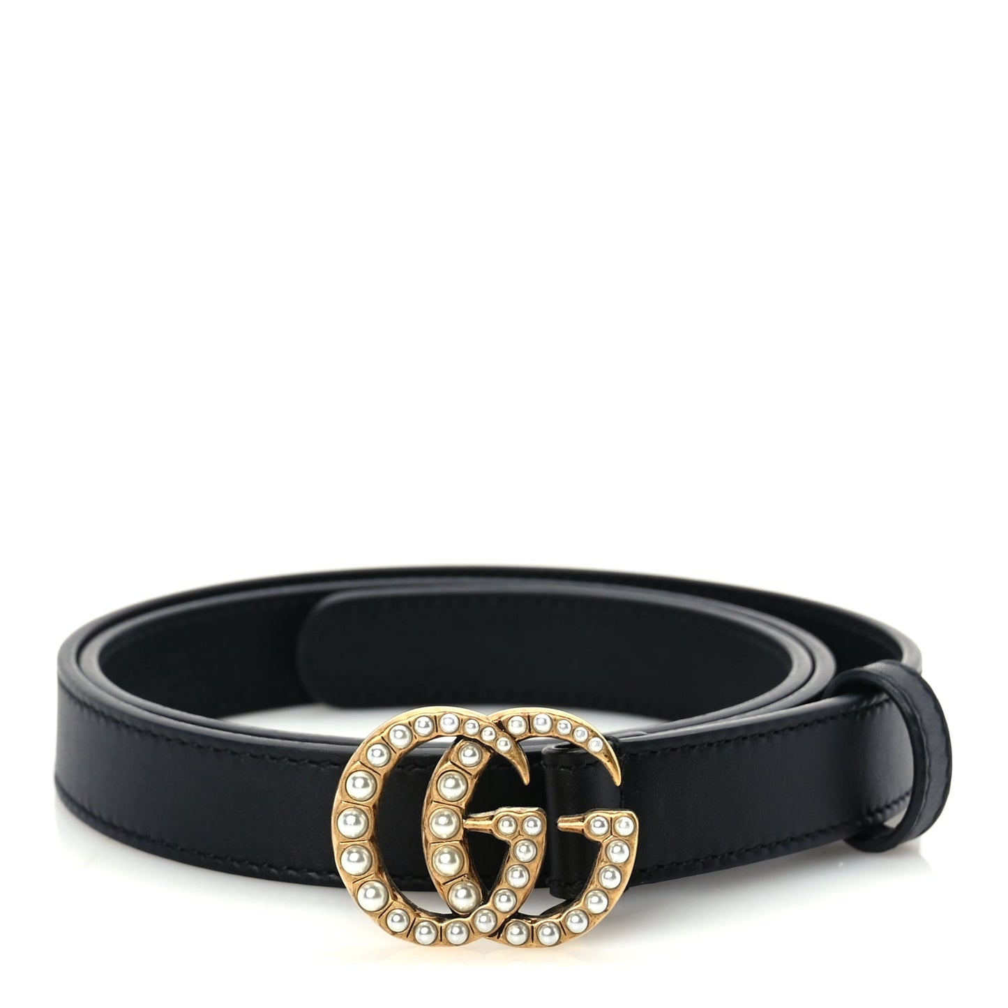 Gucci Moon Calfskin Pearl Double G 20mm Belt 80 32  Black Cream