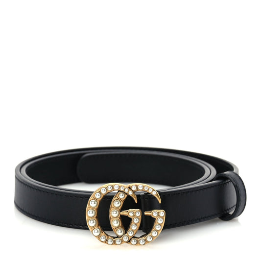 Gucci Moon Calfskin Pearl Double G 20mm Belt 80 32  Black Cream