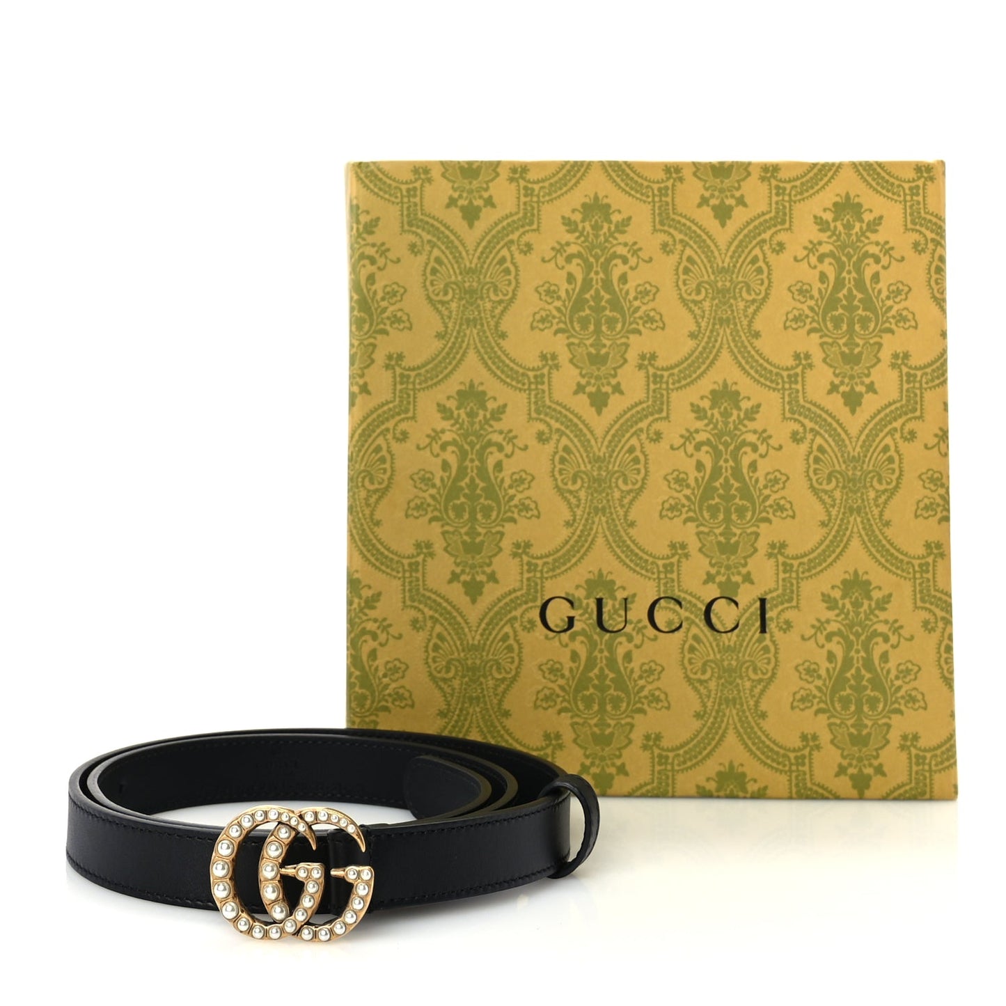 Gucci Moon Calfskin Pearl Double G 20mm Belt 80 32  Black Cream
