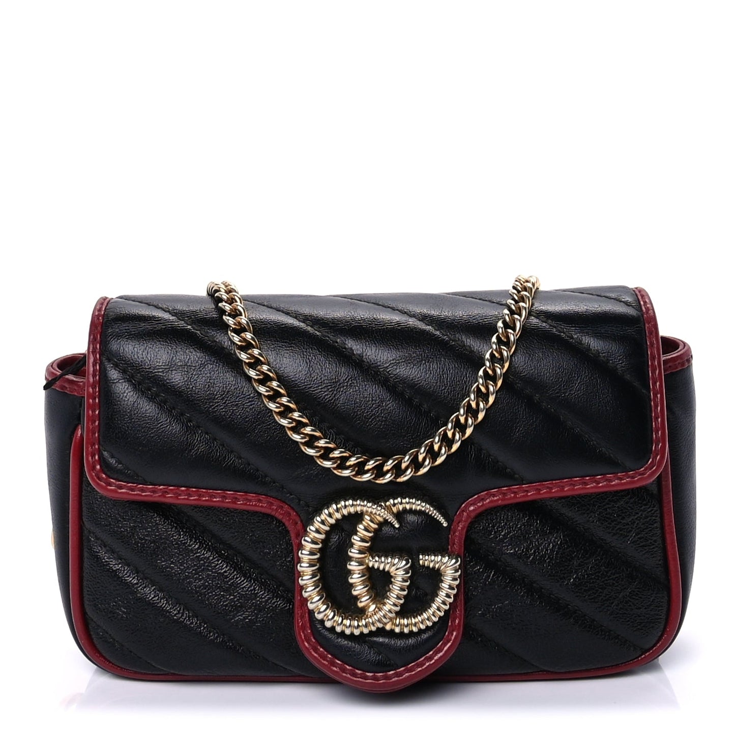 Gucci Vintage Effect Calfskin Matelasse Diagonal Super Mini Torchon GG Marmont Shoulder Bag Black Romantic Cherry Black Romantic Cherry