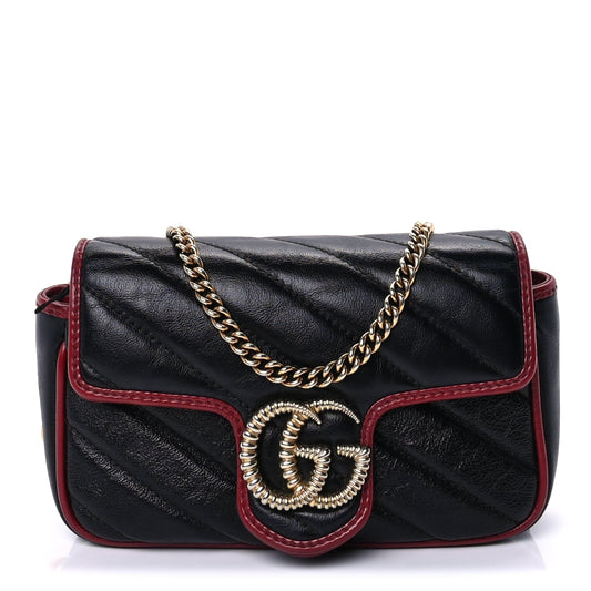 Gucci Vintage Effect Calfskin Matelasse Diagonal Super Mini Torchon GG Marmont Shoulder Bag Black Romantic Cherry Black Romantic Cherry