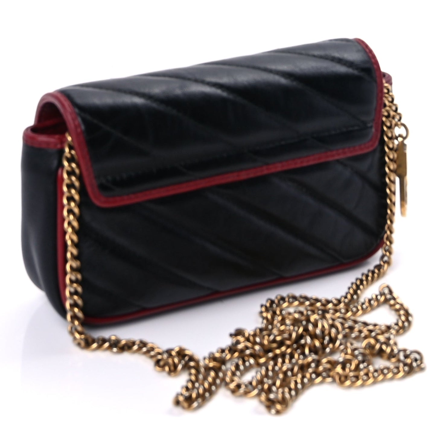 Gucci Vintage Effect Calfskin Matelasse Diagonal Super Mini Torchon GG Marmont Shoulder Bag Black Romantic Cherry Black Romantic Cherry