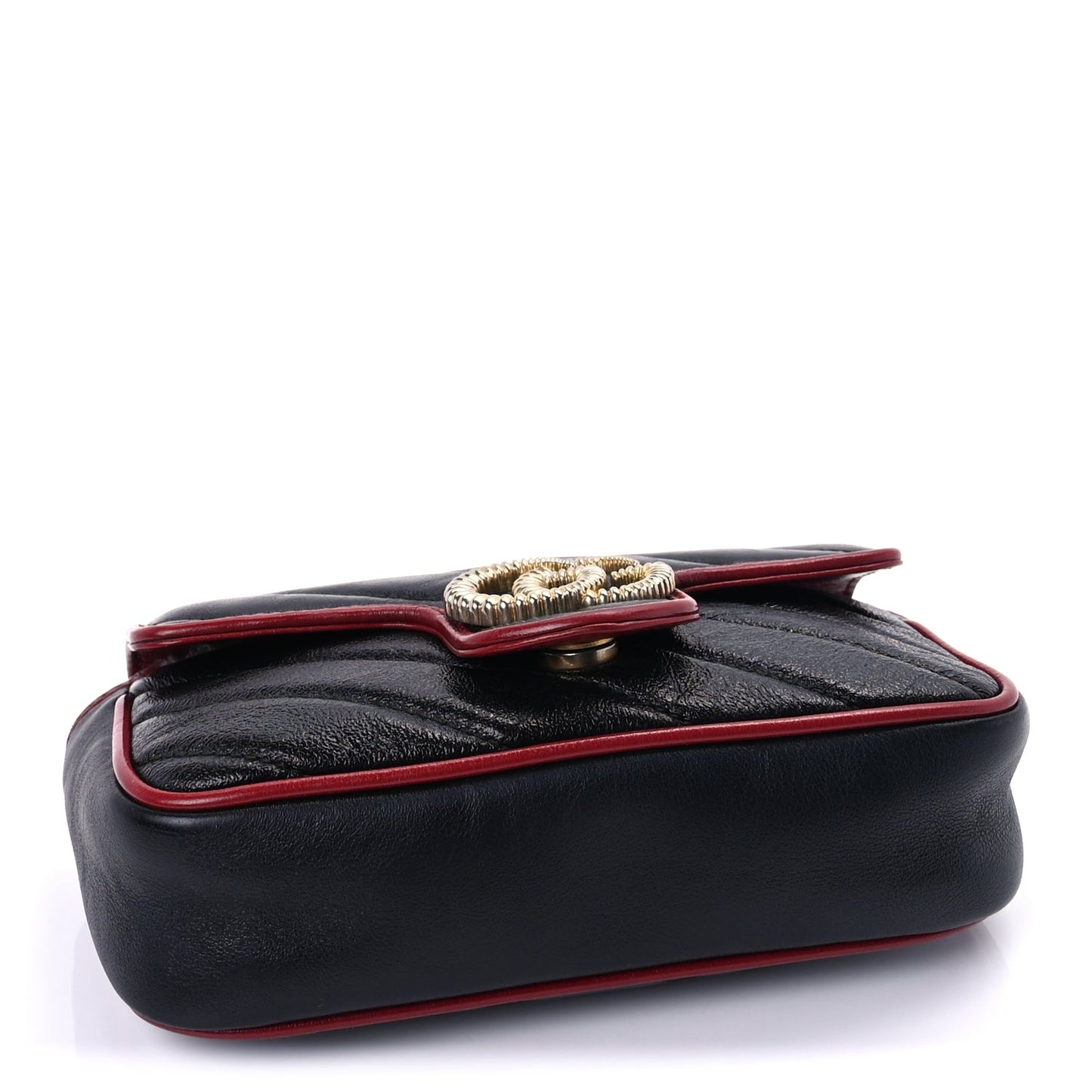 Gucci Vintage Effect Calfskin Matelasse Diagonal Super Mini Torchon GG Marmont Shoulder Bag Black Romantic Cherry Black Romantic Cherry