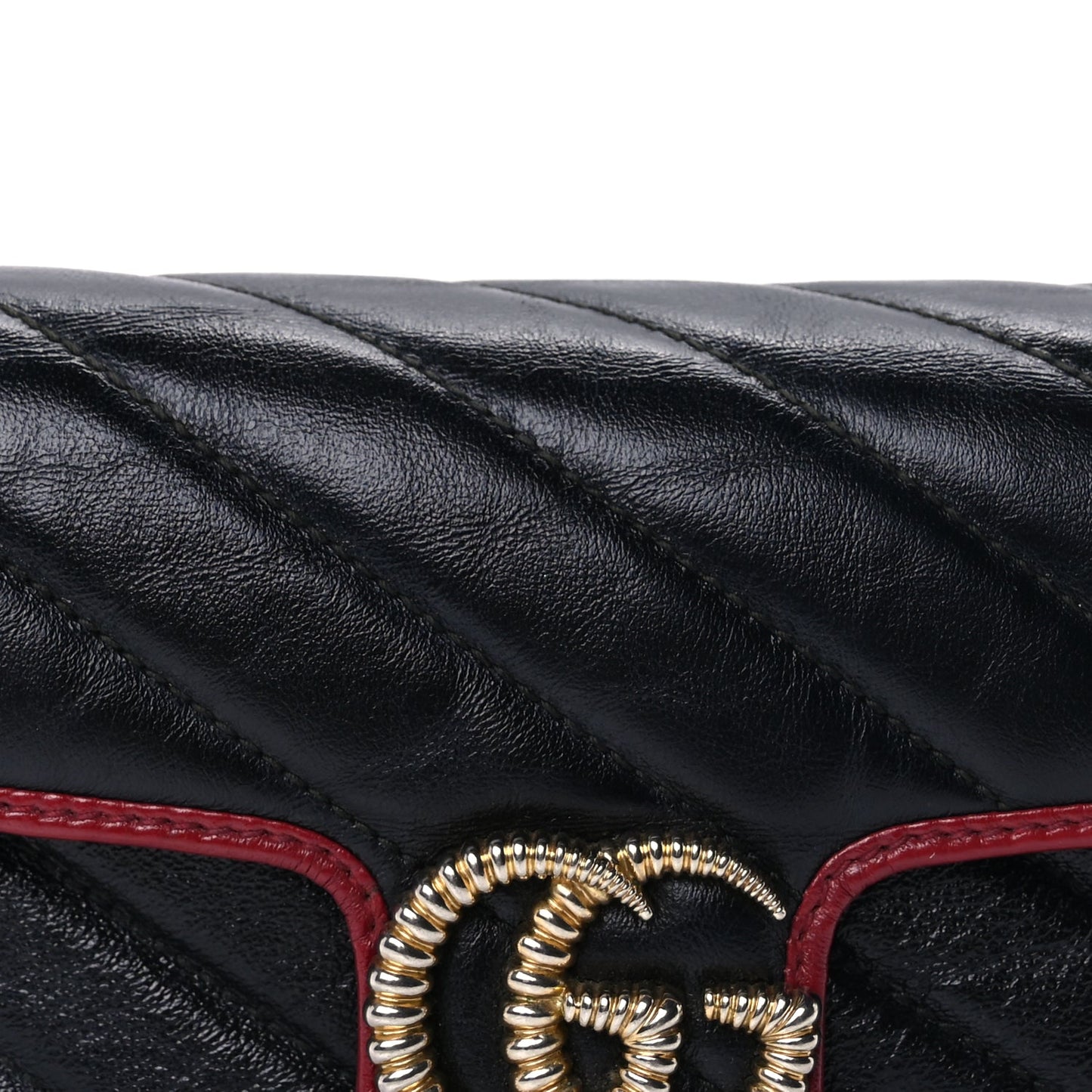Gucci Vintage Effect Calfskin Matelasse Diagonal Super Mini Torchon GG Marmont Shoulder Bag Black Romantic Cherry Black Romantic Cherry