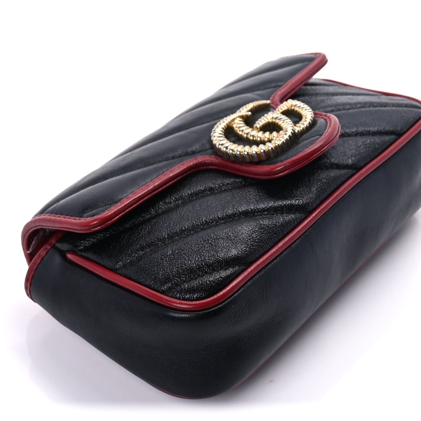 Gucci Vintage Effect Calfskin Matelasse Diagonal Super Mini Torchon GG Marmont Shoulder Bag Black Romantic Cherry Black Romantic Cherry