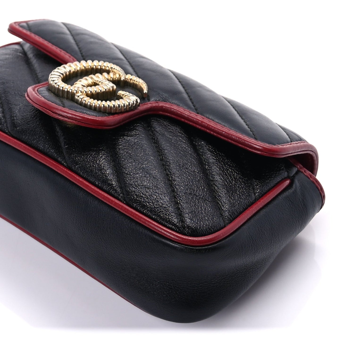 Gucci Vintage Effect Calfskin Matelasse Diagonal Super Mini Torchon GG Marmont Shoulder Bag Black Romantic Cherry Black Romantic Cherry