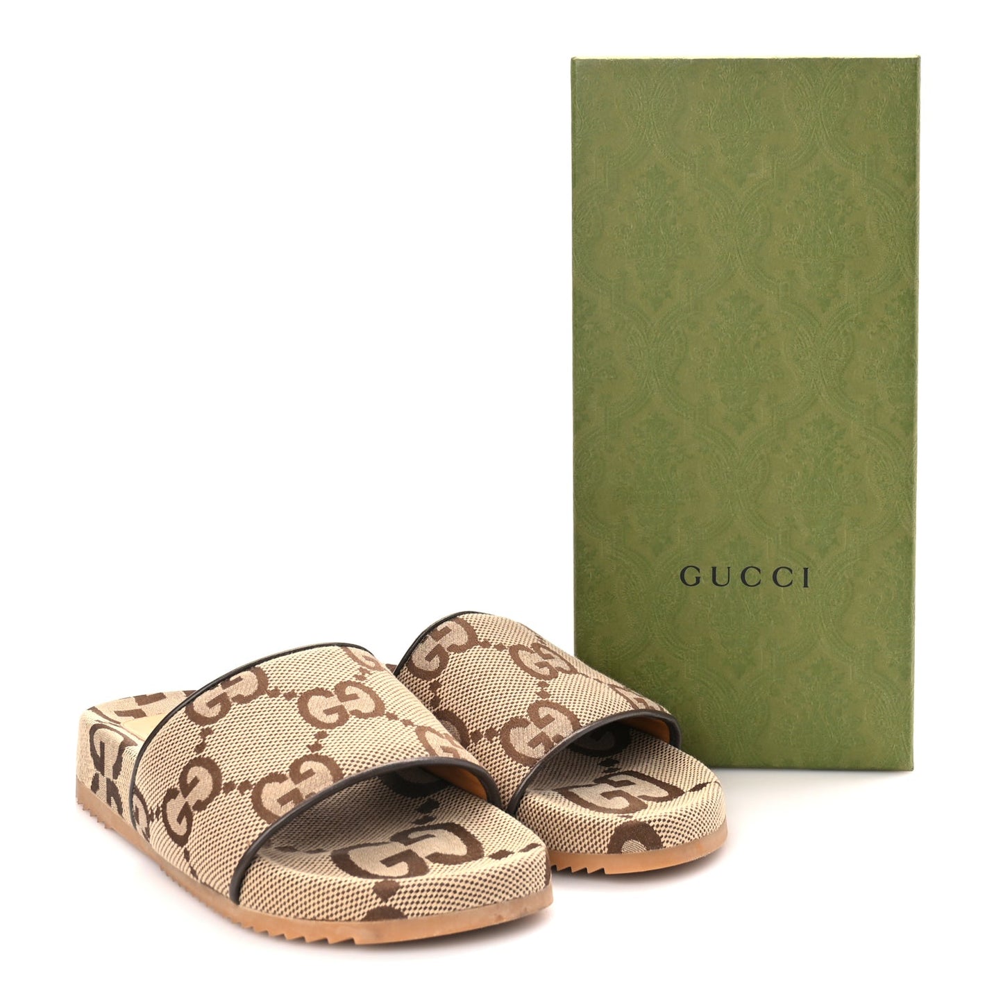 Gucci Monogram Jumbo GG Mens Slide Sandals 40 Camel Ebony