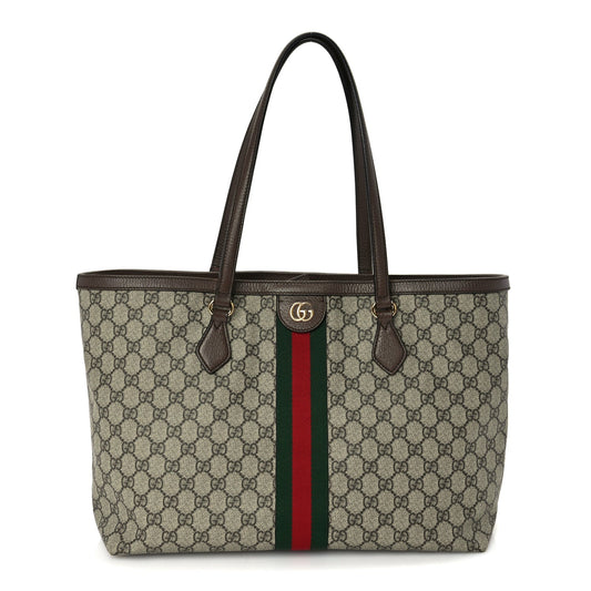 Gucci GG Supreme Monogram Textured Calfskin Web Medium Ophidia Shopping Tote  Beige Ebony New Acero