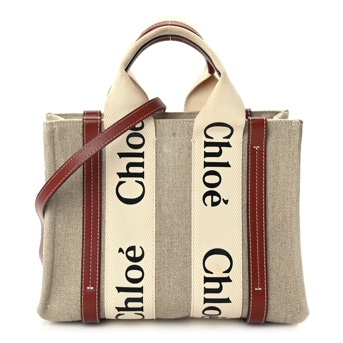 Chloe Cotton Calfskin Small Woody Ribbon Tote  White Brown