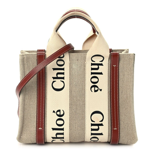 Chloe Cotton Calfskin Small Woody Ribbon Tote  White Brown