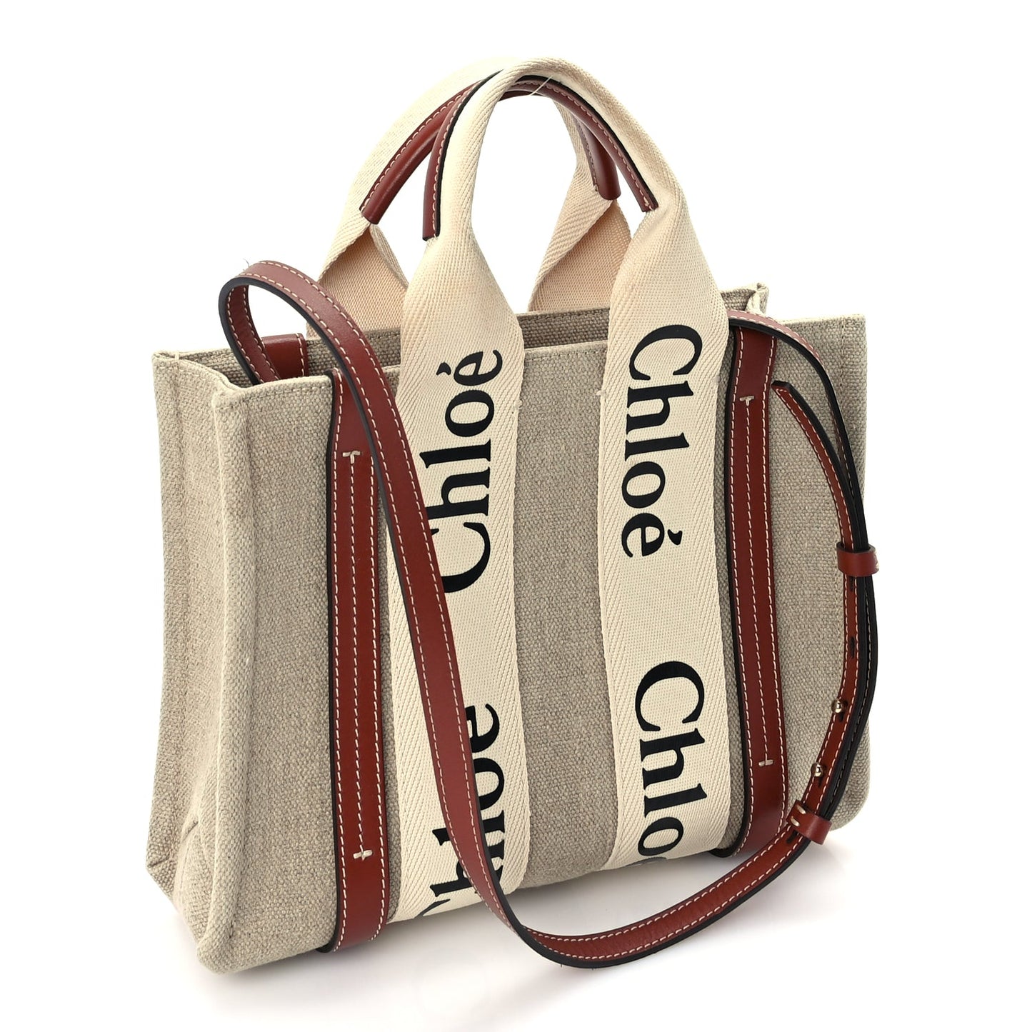 Chloe Cotton Calfskin Small Woody Ribbon Tote  White Brown