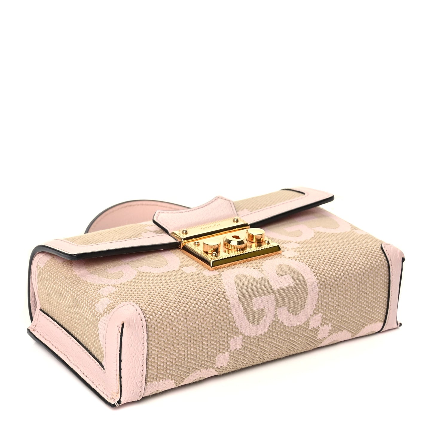 Gucci Monogram Jumbo GG Textured Dollar Calfskin Mini Padlock Top Handle Shoulder Bag Beige Perfect Pink