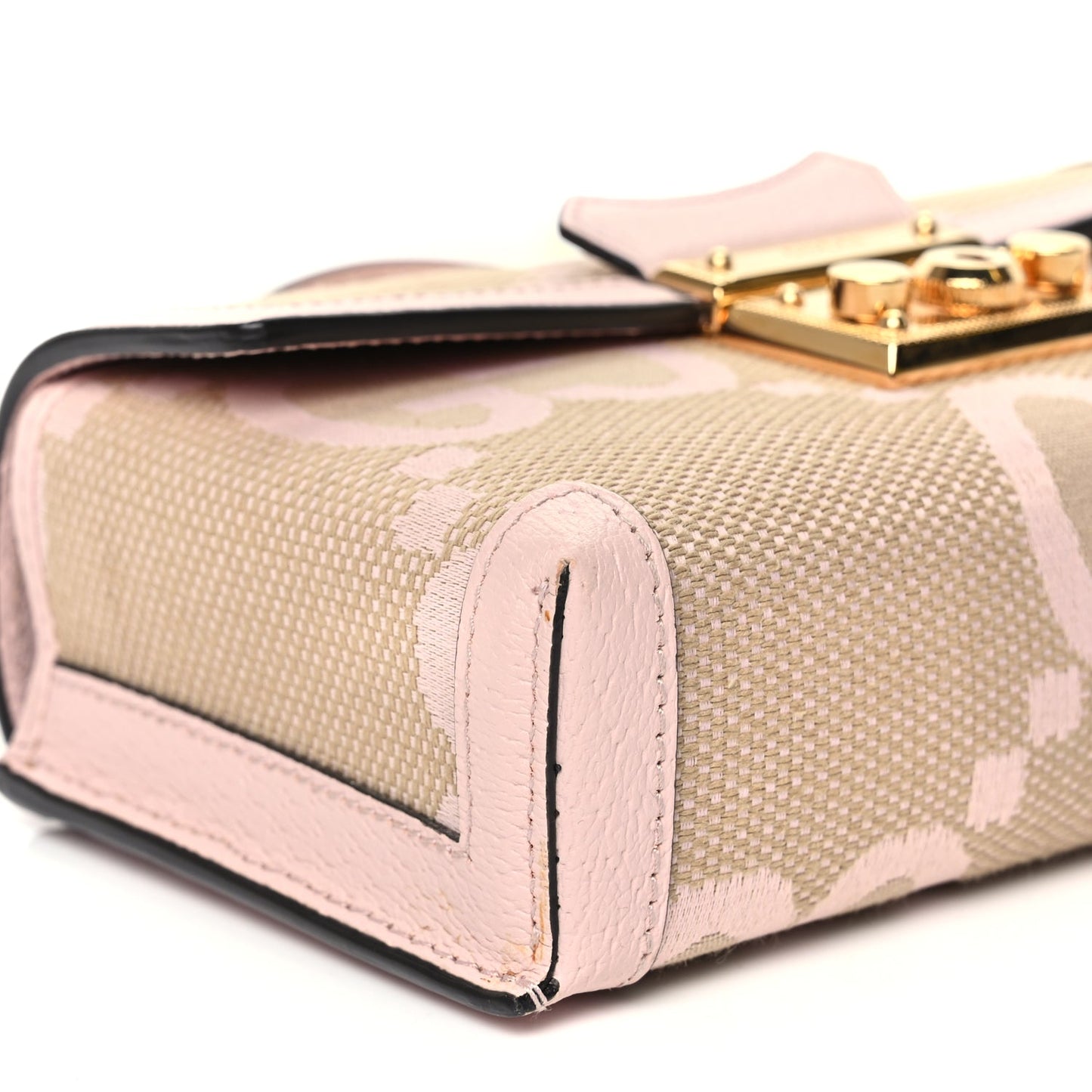Gucci Monogram Jumbo GG Textured Dollar Calfskin Mini Padlock Top Handle Shoulder Bag Beige Perfect Pink