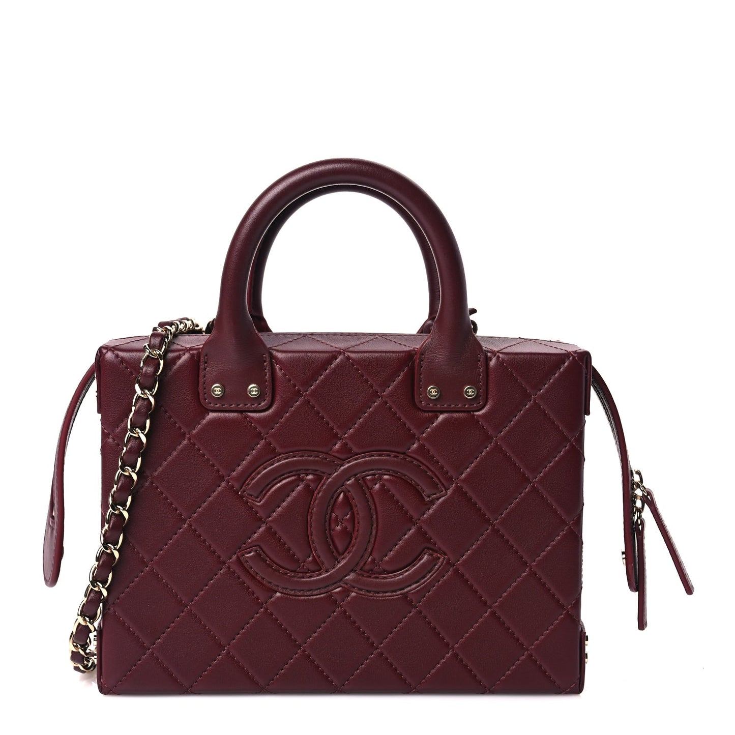 Chanel Calfskin Quilted Studded Square Vanity Case Burgundy
